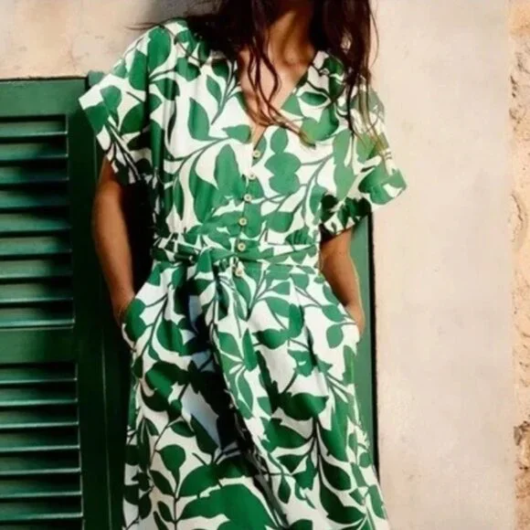 NWT ZARA Women's Belted Green & White Leaves Printed Long Midi Dress, Medium - Picture 2 of 13